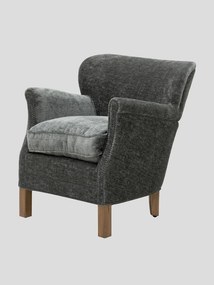 Fotoliu pentru living în stil club, gri, din catifea, cu nituri decorative și picioare din lemn de stejar, 67×71×73 cm, „Turner”