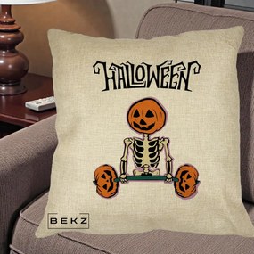 Perna Decorativa Halloween Schelet cu Cap de Dovleac Powerlifting, 40x40 cm, Crem, Husa Detasabila, Perna Inclusa, BEKZ®