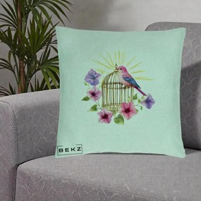 Perna Decorativa Pasare Roz pe Colivie Aurie cu Flori, 40x40 cm, Verde Menta, Husa Detasabila, Perna Inclusa, BEKZ®