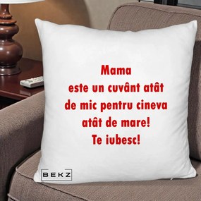 Cadou pentru Mama - Perna Personalizata Mama Cuvant Mic, 40x40 cm, Alb Pufos, Husa Detasabila, Perna Inclusa, BEKZ®