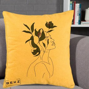 Perna Decorativa Portret Feminin Crin Verde, 40x40 cm, Galben, Husa Detasabila, Perna Inclusa, BEKZ®