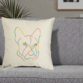 Perna Decorativa Bulldog Francez Line Art Curcubeu, 40x40 cm, Ecru, Husa Detasabila, Perna Inclusa, BEKZ®