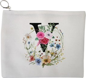 Portfard Cosmetice tip Plic, Cu litera V in Coronita Florala, 23x18 cm, Alb, BEKZ®