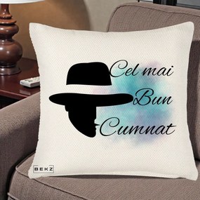 Cadou pentru Cumnat - Perna Personalizata Cel mai Bun Cumnat cu Silueta Palarie si Pete Teal-Roz, 40x40 cm, Crem Reliefat, Husa Detasabila, Perna Inclusa, BEKZ®