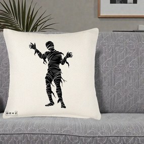 Perna Decorativa Mormii Infricosat Silueta Neagra Halloween, 40x40 cm, Crem Reliefat, Husa Detasabila, Perna Inclusa, BEKZ®