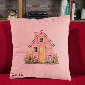 Perna Decorativa Casuta Roz Acuarela cu Gradina, 40x40 cm, Roz, Husa Detasabila, Perna Inclusa, BEKZ®
