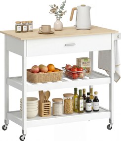 HOMCOM Cărucior de bucătărie cu depozitare, insulă mobilă de bucătărie cu blat mare, sertar, 2 rafturi deschise, suport pentru prosoape, Alb | Aosom Romania