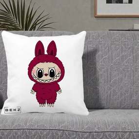 Perna Personalizata Labubu Rosu-Visiniu Solo, 40x40 cm, Alba Mata, Husa Detasabila, Perna Inclusa, BEKZ®