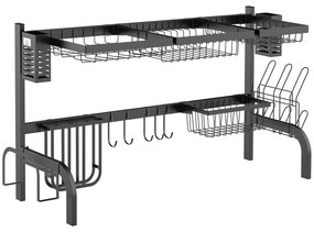 Uscator de vase HOMCOM cu 2 rafturi pentru chiuveta, cu suport pentru tacamuri si carlige, 100x30x52,5 cm, negru | Aosom RO