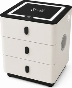 RESIGILAT- Noptieră inteligentă multifuncțională, 3 sertare, LED-uri tactile, 3 tipuri de culoare, încărcare fără fir, Difuzor Bluetooth, incarcare USB, sticla securizata, Alb