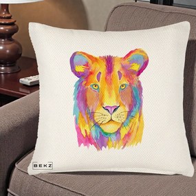 Perna Decorativa Leu Acuarela Curcubeu, 40x40 cm, Crem Reliefat, Husa Detasabila, Perna Inclusa, BEKZ®