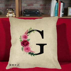 Cadou Personalizat - Perna Personalizata Monograma Florala Litera G, 40x40 cm, Crem, Husa Detasabila, Perna Inclusa, BEKZ®