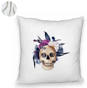 Perna Decorativa Fluffy cu motiv Craniu si Flori de Halloween, 40x40 cm, Alba, Husa Detasabila, Burduf