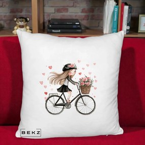 Perna Decorativa Fetita Kawaii pe Bicicleta cu Trandafiri si Inimioare, 40x40 cm, Alb Pufos, Husa Detasabila, Perna Inclusa, BEKZ®