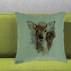 Perna Decorativa Caprioara Pui Acuarela, 40x40 cm, Verde, Husa Detasabila, Perna Inclusa, BEKZ®
