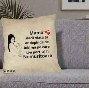 Cadou pentru Mama - Perna Personalizata Mama Nemuritoare Linie, 40x40 cm, Crem, Husa Detasabila, Perna Inclusa, BEKZ®