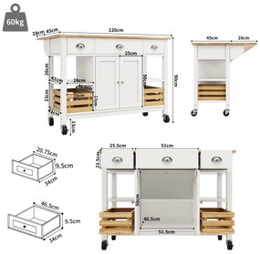 Insulă de bucătărie modernă cu laturi pliabile, Alb | Aosom Romania