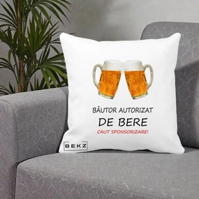 Perna Decorativa Bautor Autorizat de Bere, 40x40 cm, Alba Mata, Husa Detasabila, Perna Inclusa, BEKZ®