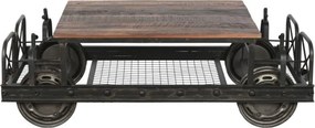 Măsuță de cafea dreptunghiulară din lemn și metal, natur și negru, pe roți, cu raft din plasă, 48 x 147 x 76 cm, „Ferros” – Ethnic Collections