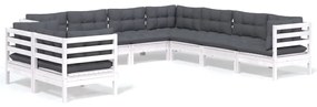 3096900 vidaXL Set mobilier de grădină cu perne, 9 piese, alb, lemn masiv pin