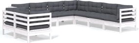 vidaXL Set mobilier de grădină cu perne, 9 piese, alb, lemn masiv pin