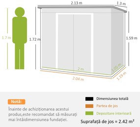 Outsunny Magazie de Grădină pentru Unelte cu Acoperiș Înclinat, Intrare Dublă și Prize de Aerisire, 213x130x172 cm, Gri | Aosom Romania