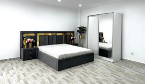 Dormitor Napoli, culoare gri / alb, cu pat Napoli 160 x 200 cm, dressing Erika 150 cm si 2 noptiere Napoli