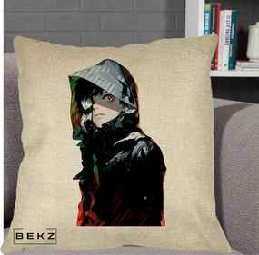 Perna Personalizata Tokyo Ghoul Ken Kaneki cu Masca si Gluga, 40x40 cm, Crem, Husa Detasabila, Perna Inclusa, BEKZ®
