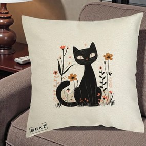 Perna Decorativa Pisica Neagra Flori Pastel Folk, 40x40 cm, Ecru, Husa Detasabila, Perna Inclusa, BEKZ®