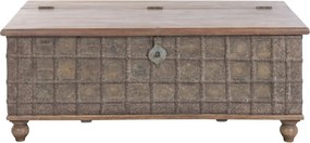 Cufăr vintage din lemn reciclat și metal, natur, cu feronerie în relief și picioare rotunde, finisaj patinat, 52 x 127 x 66 cm, „Lamanon”