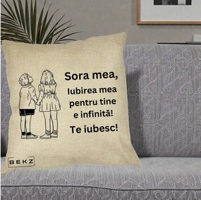 Cadou pentru Sora - Perna Personalizata Sora Mea Te Iubesc Copii Tinand Maini Line Art, 40x40 cm, Crem, Husa Detasabila, Perna Inclusa, BEKZ®