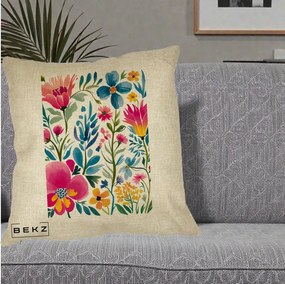 Perna Decorativa Gradina Florala Acuarela Colorata, 40x40 cm, Crem, Husa Detasabila, Perna Inclusa, BEKZ®