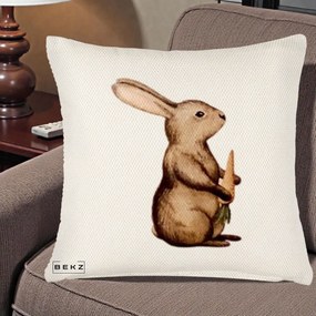 Perna Decorativa Iepuras Acuarela cu Morcov, 40x40 cm, Crem Reliefat, Husa Detasabila, Perna Inclusa, BEKZ®