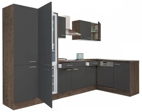 Mobilă de bucătărie de colț Yorki 340, corp din stejar Yorki, față antracit satinat, dulap cu rafturi și frigider congelator inferior