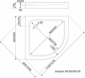 Cădiță de duș acrilică curbată XN 80 80x80 cm