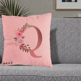 Cadou Personalizat - Perna Personalizata Monograma Rose Gold Litera Q, 40x40 cm, Roz, Husa Detasabila, Perna Inclusa, BEKZ®