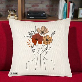 Perna Decorativa Portret Feminin Coroana Trei Flori, 40x40 cm, Crem Reliefat, Husa Detasabila, Perna Inclusa, BEKZ®
