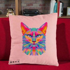 Perna Decorativa Pisica Pop Art Multicolor, 40x40 cm, Roz, Husa Detasabila, Perna Inclusa, BEKZ®