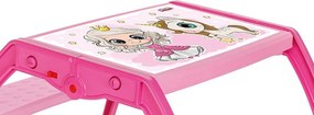 Masuta copii din plastic aditivat cu doua bancute Novokids™ Study Table, dimensiuni 95X78X49 cm, Suprafata lucioasa, Model Printesa cu Unicorn, Roz