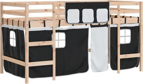 vidaXL Pat etajat de copii perdele, alb/negru 90x190 cm lemn masiv pin