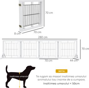 PawHut Poartă Pliabilă pentru Câini, Poartă de Siguranță pentru Animale și Căţei cu 4 Panouri și Picioare Triunghiulare, 280x70 cm, Alb | Aosom Romania