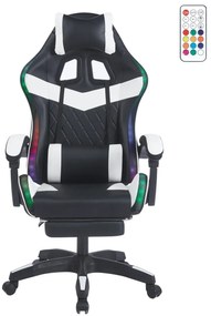 Scaun gaming, sistem iluminare bandă LED RGB, masaj în perna lombară, suport picioare, Negru/Alb