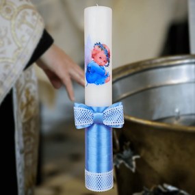 Lumanare botez decorata Ingeras albastru deschis 4,5 cm, 30 cm