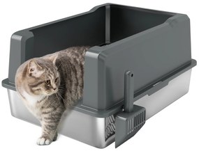 PawHut Lădiță de nisip pentru pisici din oțel inoxidabil 85L capacitate mare, toaletă semi-închisă, 71 x 50,8 x 35,5 cm gri | Aosom Romania