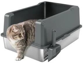 PawHut Lădiță de nisip pentru pisici din oțel inoxidabil 85L capacitate mare, toaletă semi-închisă, 71 x 50,8 x 35,5 cm gri | Aosom Romania