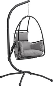 Outsunny Fotoliu Suspendat Tip Ou cu Suport Coș Pliabil Tetieră Pernă Buzunar Lateral Sarcină 120 kg Gri Închis | Aosom Romania