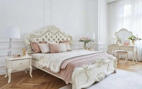 Pat lemn masiv Tapițat Queen Paris 180x200cm Ecru/Șampanie - Cu somieră