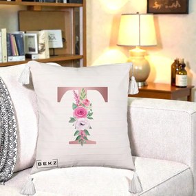 Cadou Personalizat - Perna Personalizata Monograma Rose Gold Litera T, 40x40 cm, Bej cu Franjuri, Husa Detasabila, Perna Inclusa, BEKZ®