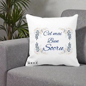 Cadou pentru Socru - Perna Personalizata Cel mai Bun Socru cu Ramuri Frunze Albastre si Aurii, 40x40 cm, Alba Mata, Husa Detasabila, Perna Inclusa, BEKZ®