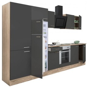 Mobilă de bucătărie Yorki 330, corp din stejar sonoma, front antracit satinat cu element cuptor inferior, dulap cu rafturi și frigider cu congelator superior.